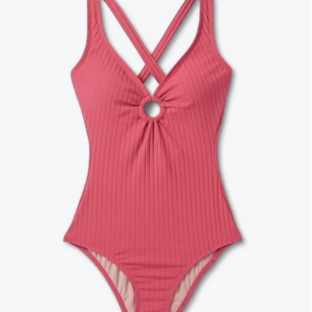 KONA SOL One Piece Swimsuit Wide Rib Center Ring Medium Coverage Salmon Pink L